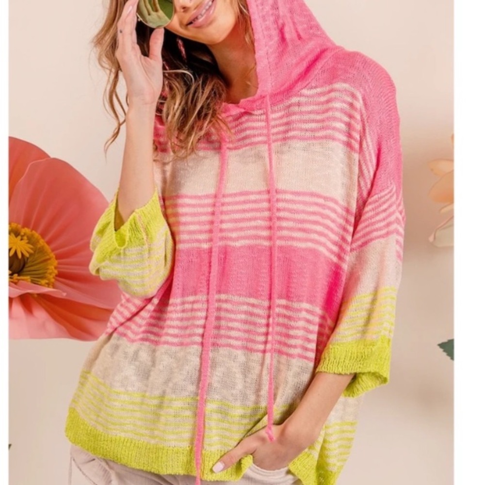BiBi Neon Pink and Green Striped Lightweight Hoodie